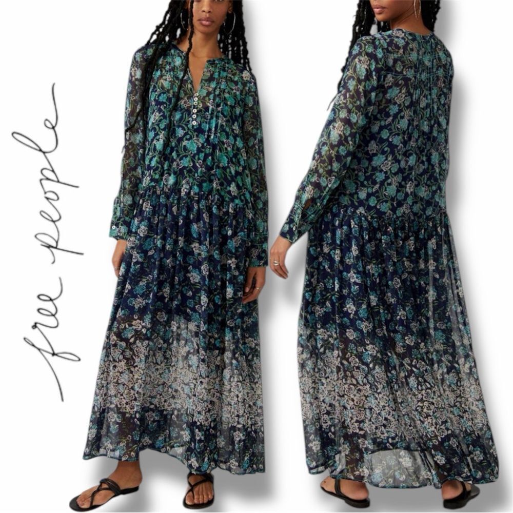 Free People Women’s See It Through Blue Floral Maxi Dress in the Size Large